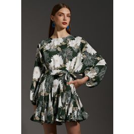 Marguerite Print Bubble Sleeves Frilling Dress in Green | Chicwish