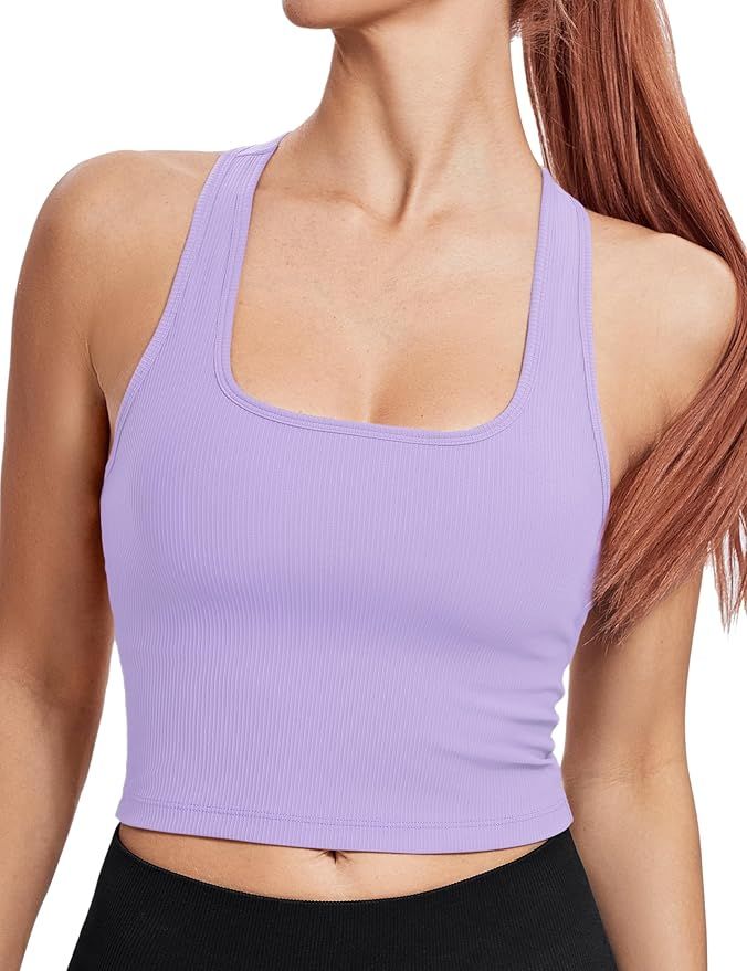 Sports Bras for Women Square Neck Crop Tops Tank Tops with Built in Bras Padded Longline Workout ... | Amazon (US)