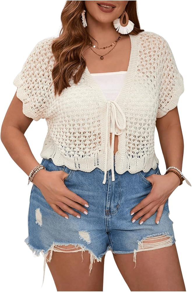 Floerns Women's Plus Size Crochet Hollow Out Tie Front Scallop Trim Crop Cardigan Sweater | Amazon (US)