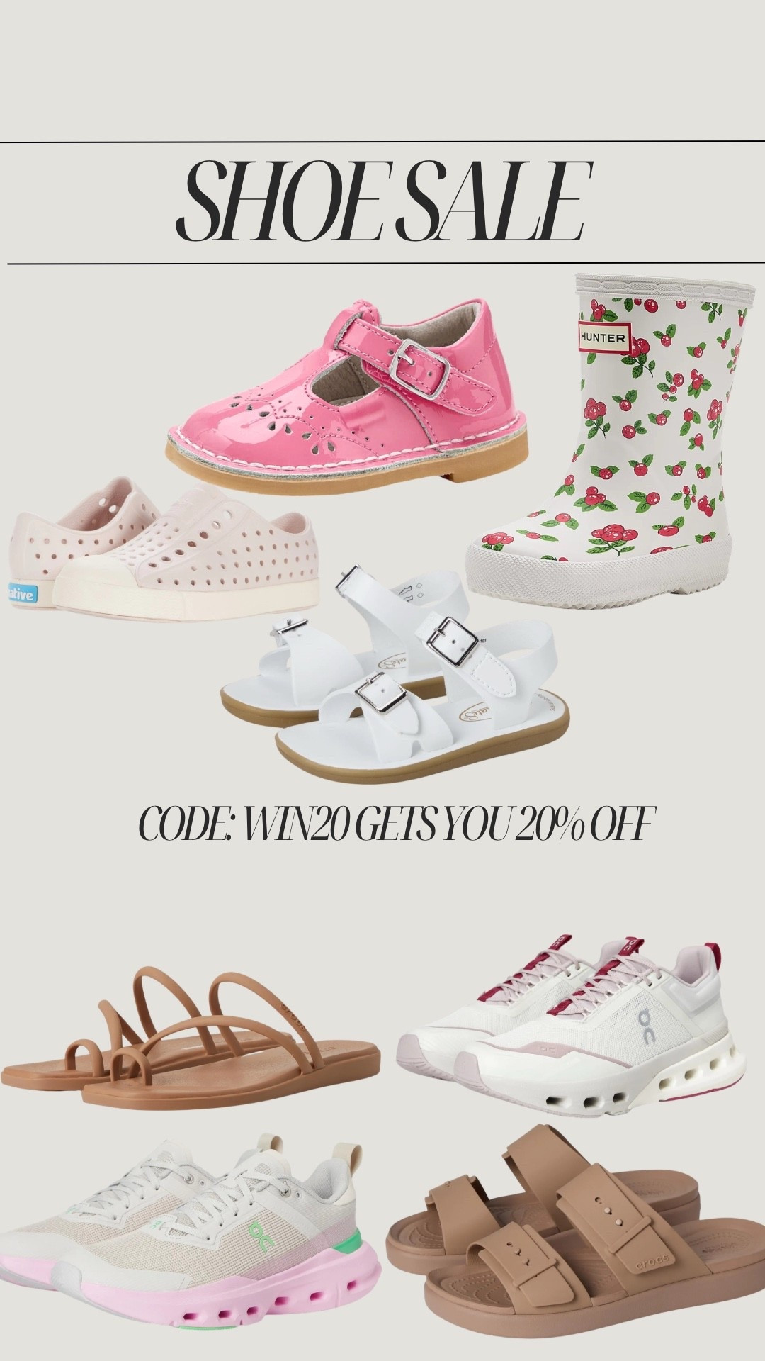 shoe sale - code: WIN20 gets you 20% off
toddler shoes / girl shoes / women shoes 
