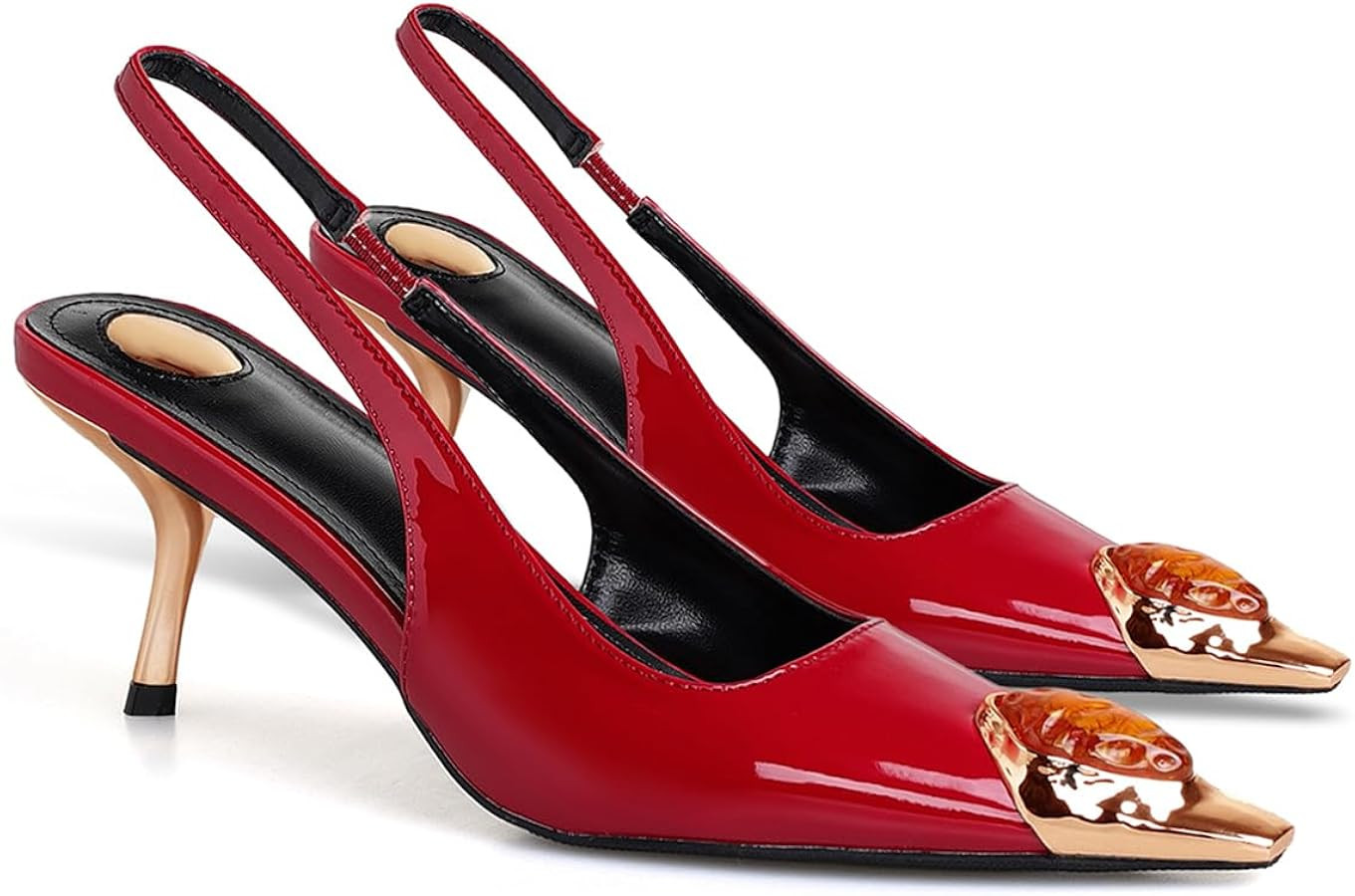 THESHY Womens Slingback High Heels Metal Pointed Toe Stiletto Heels Gems Embellished Stretch Slin... | Amazon (US)