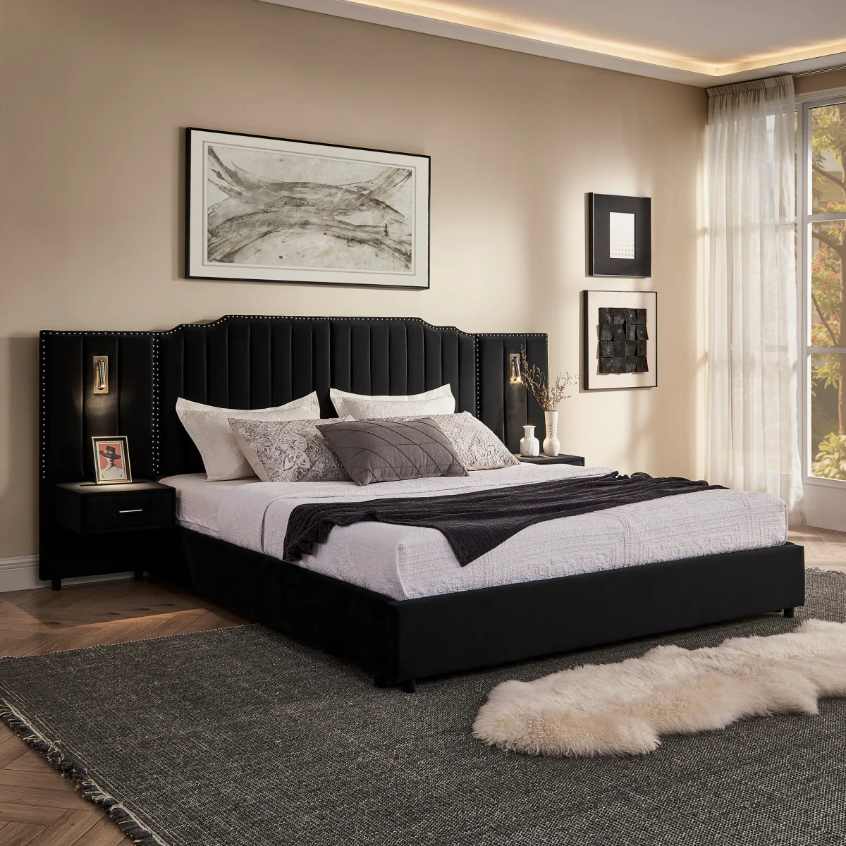 Streamdale King Size Black Velvet Upholstered Bed Frame with Vertical Stripes & Buttons - No Box Spring Needed | Shop Simon