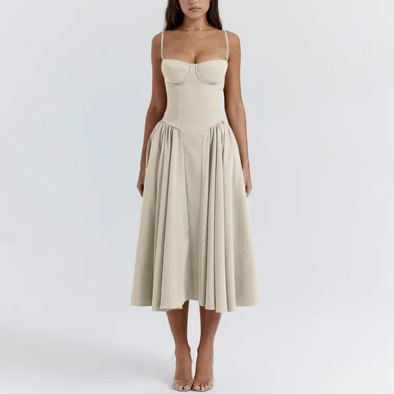 BOMYJESK Summer Dresses for Women 2024 Boho Spaghetti Straps Midi Dress Sleeveless Vintage Flowy ... | Walmart (US)