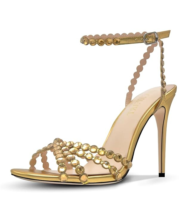 Rhinestone High Heels Stiletos Heels for Women Strappy Buckle Heels Round Toe Sexy Dressy Pumps S... | Amazon (US)