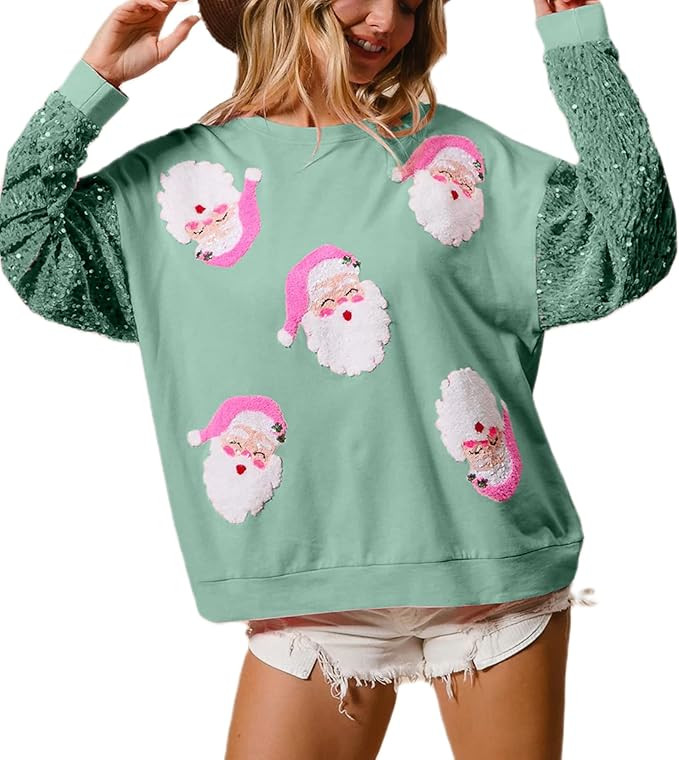 UAURORAO Christmas Sequins Sweatshirts Women Glitter Patch Crewneck Pullover Tops Sparkly Printed... | Amazon (US)