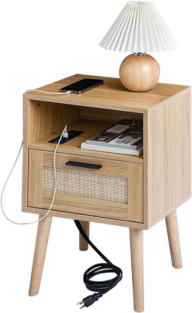 Labcosi Mid Century Modern End Table, Natural Rattan Nightstand with Charging Station, Wooden Bed... | Amazon (US)