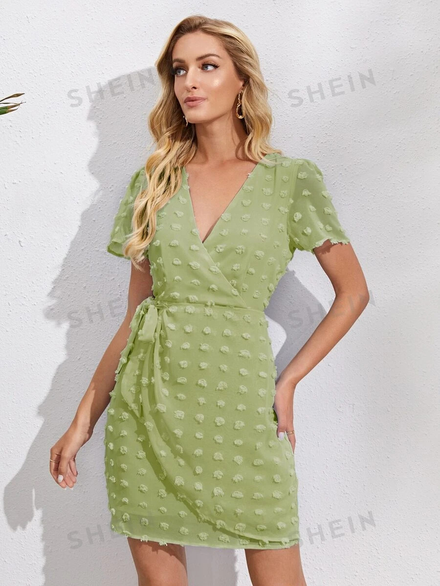 SHEIN VCAY Surplice Neck Wrap Knot Swiss Dot Dress | SHEIN