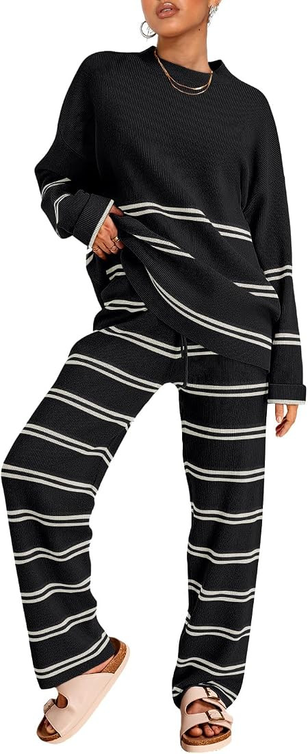 LILLUSORY 2 Piece Outfits for Women 2024 Fall Fashion Oversized Striped Sweaters Sets Cozy Lounge... | Amazon (US)