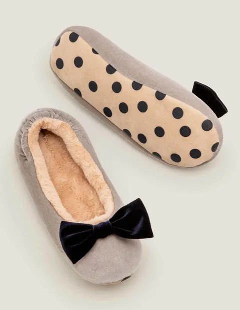 Cosy Velvet Bow Slippers - Grey | Boden (US)