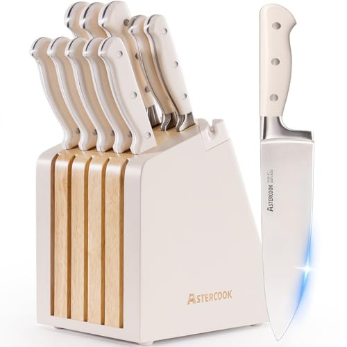 Astercook Knife Set, Kitchen Knife Set with Block and Sharpener, 12 Pcs Ultra-Sharp High Carbon Stainless Steel Knife Block Set with Non-Slip Full Tang Ergonomic Handle, Cream White Cutlery Set | Amazon (US)