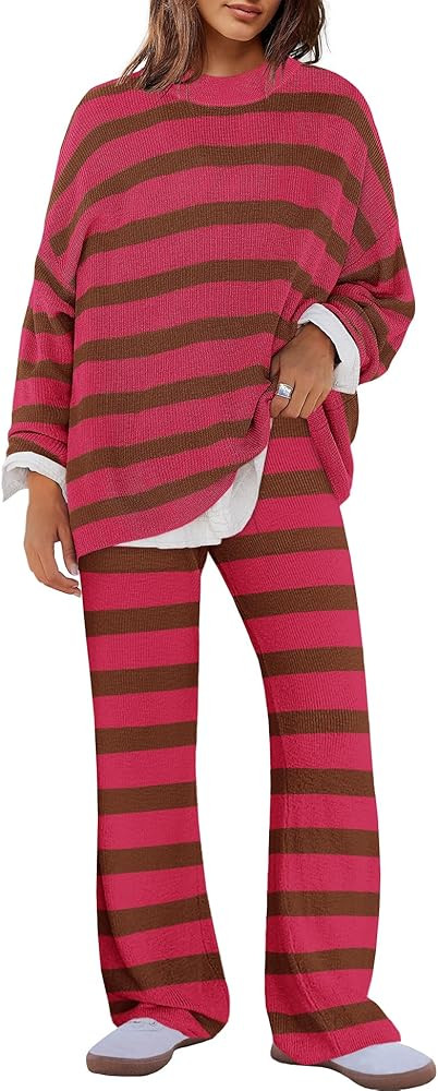 Panadila Womens Oversized Lounge Sets Striped Sweater Set 2 Piece Pajama Set Long Sleeve Top and ... | Amazon (US)