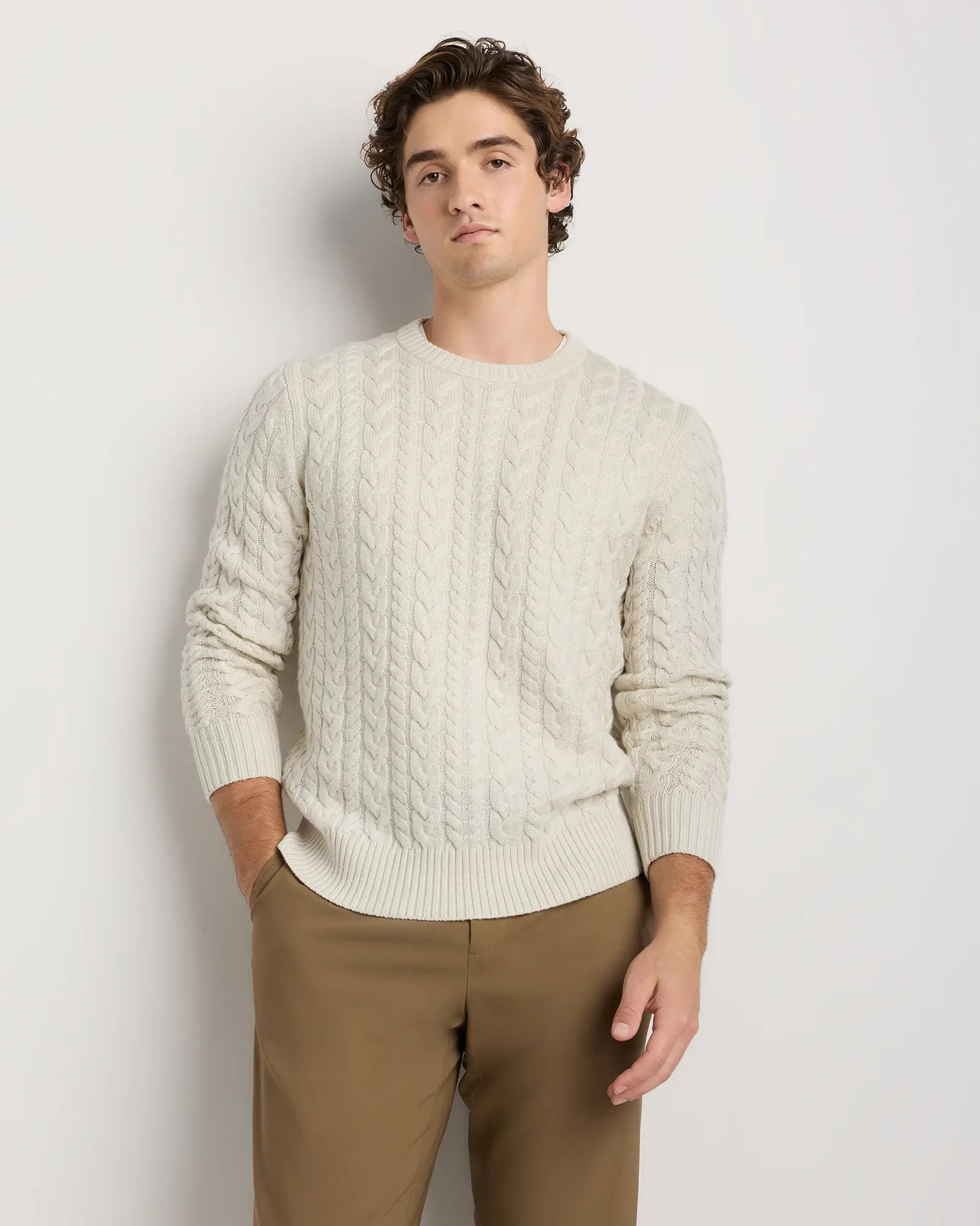 Australian Merino Wool Cable Crewneck Sweater in Heather Bone | Quince