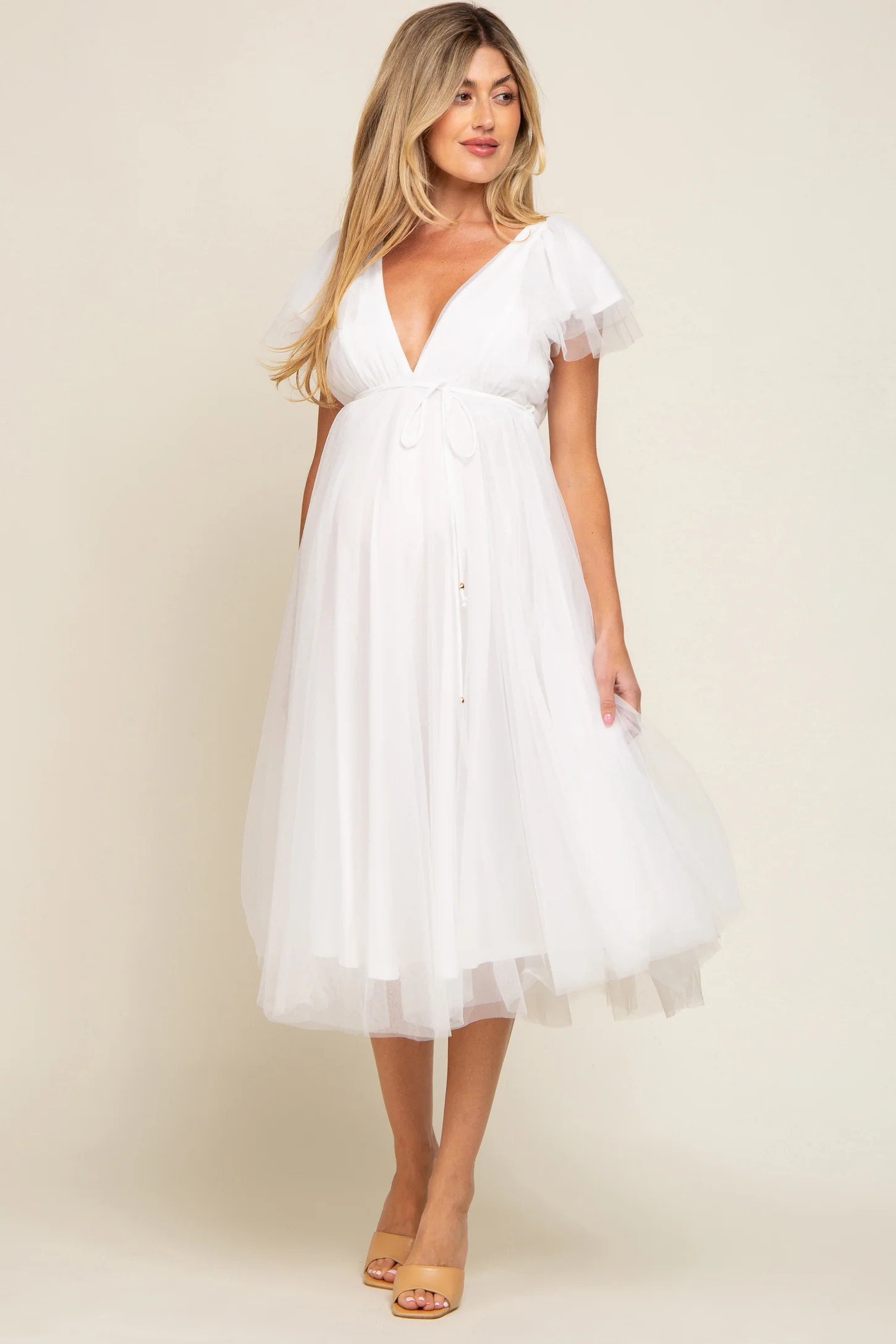 White Tulle V-Neck Flutter Sleeve Maternity Midi Dress | PinkBlush Maternity