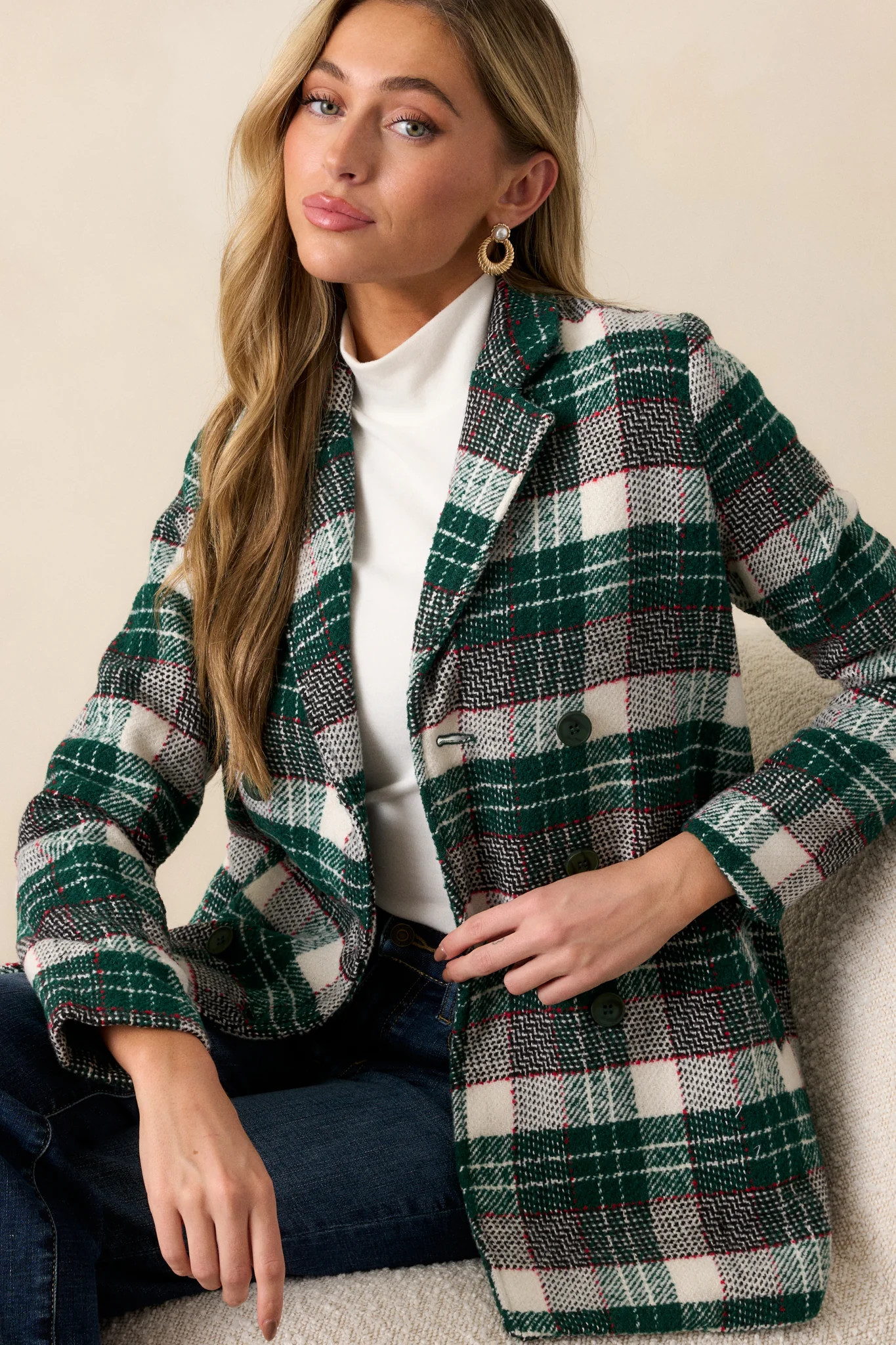Beauty & Style Emerald Green Plaid Coat | Red Dress