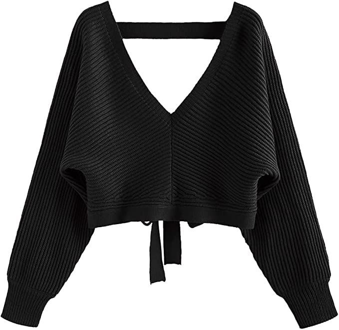 ZAFUL Women's V Neck Cropped Sweater Plunging Ribbed Knit Pullover Drop Shoulder Jumpers | Amazon (US)