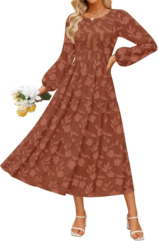 ZESICA Women's Fall Boho Floral Midi Dress 2025 Casual Long Sleeve Crewneck Flowy Wedding Guest L... | Amazon (US)