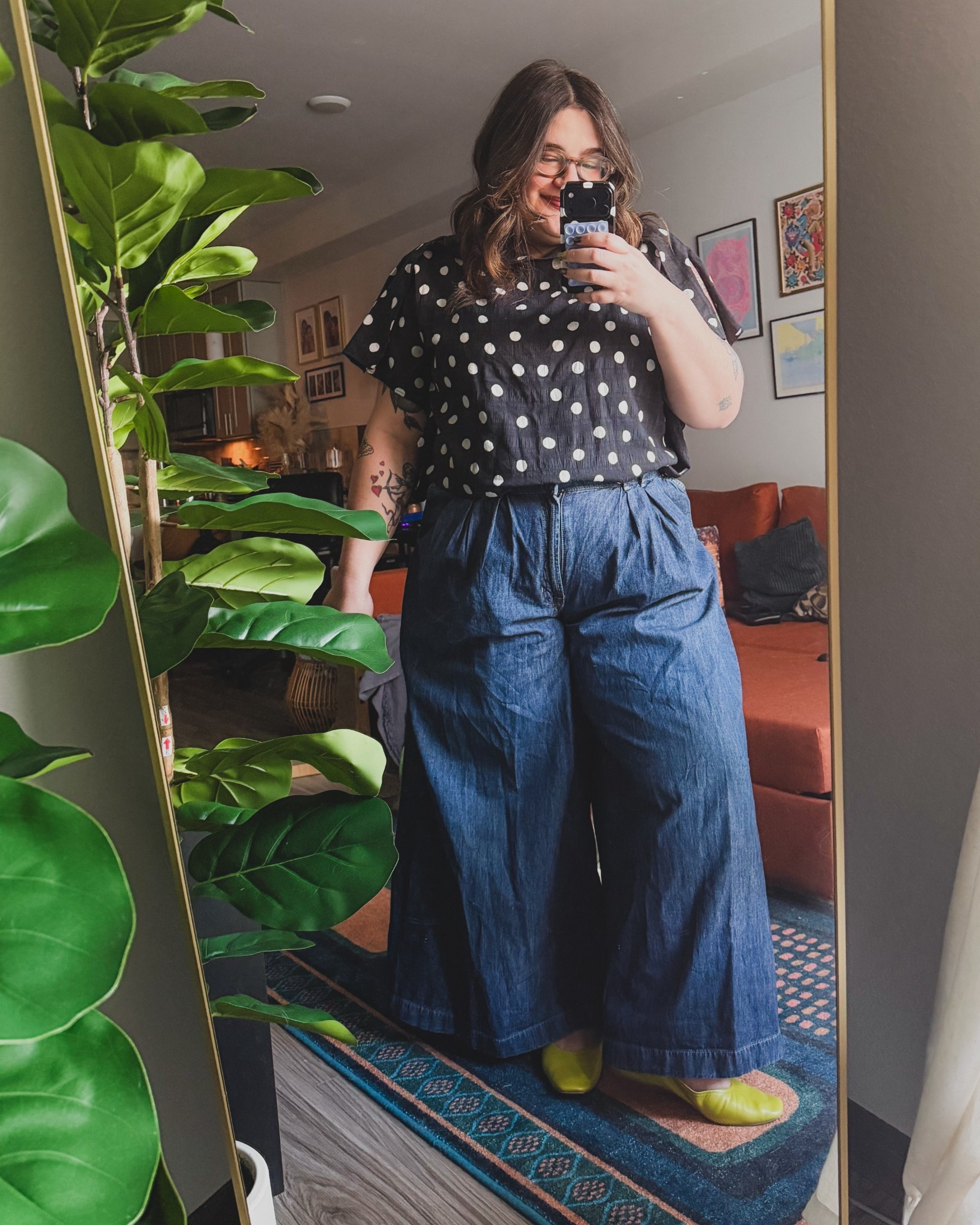 What I am wearing to the office today! I love a polka dot moment. I am wearing a size 16 in top, XL in pants. Polka dots, wide leg trousers, ballet flat. 

#LTKMidsize #LTKootd #LTKWorkwear