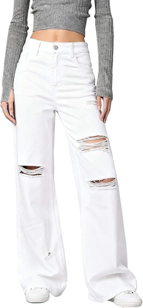 Distressed Wide Leg Jeans for Women High Waisted Loose Ripped Boyfriend Jeans Y2K Stretch Denim P... | Amazon (US)