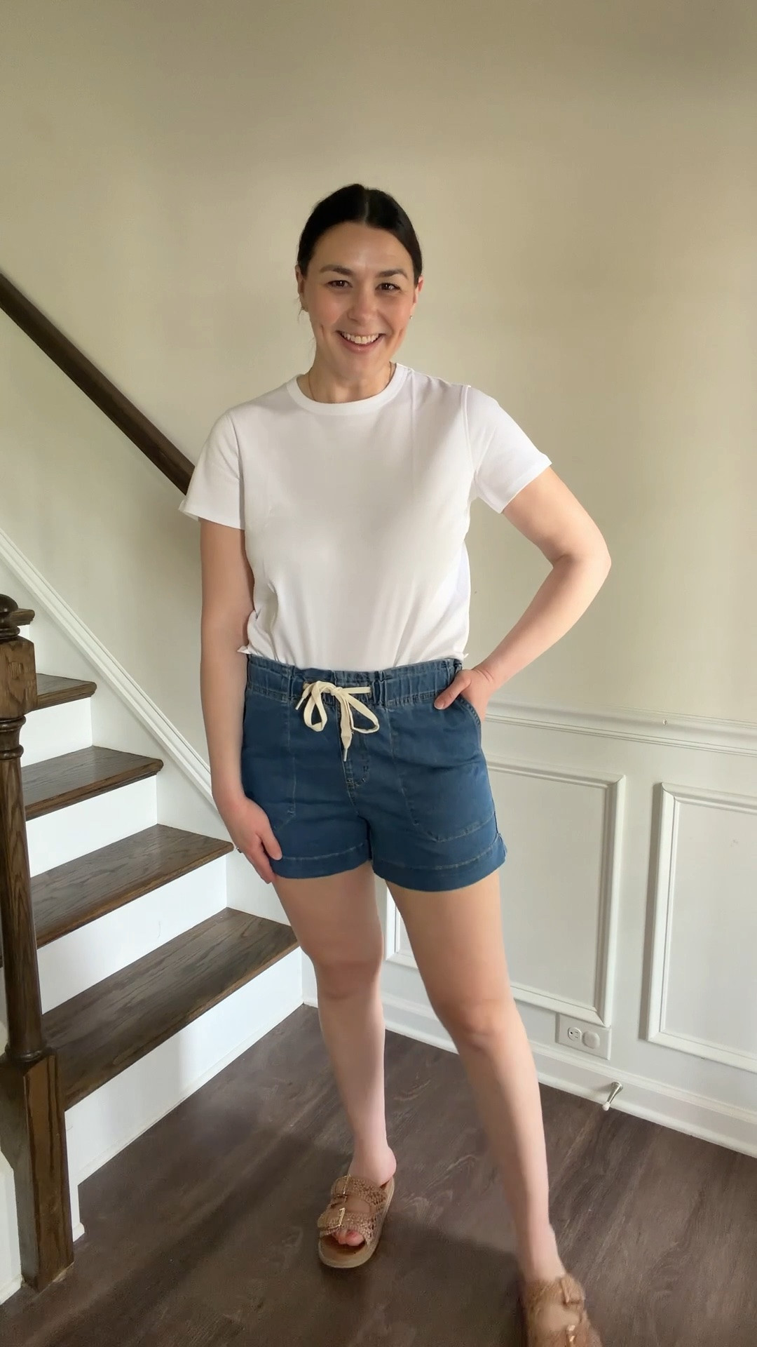 These stretchy denim shorts are the perfect mom short! They are a great length and postpartum friendly! The waistband is super stretchy (stretchy throughout entire shorts) with the cute adjustable waistband! They have pockets in the front and back too! Love the length and wash too! Run TTS or could size up for a more baggy fit! 

My top is the perfect crisp white tshirt! Wearing a large for a little more baggy fit!

#LTKmomlife #LTKMidsize #LTKootd