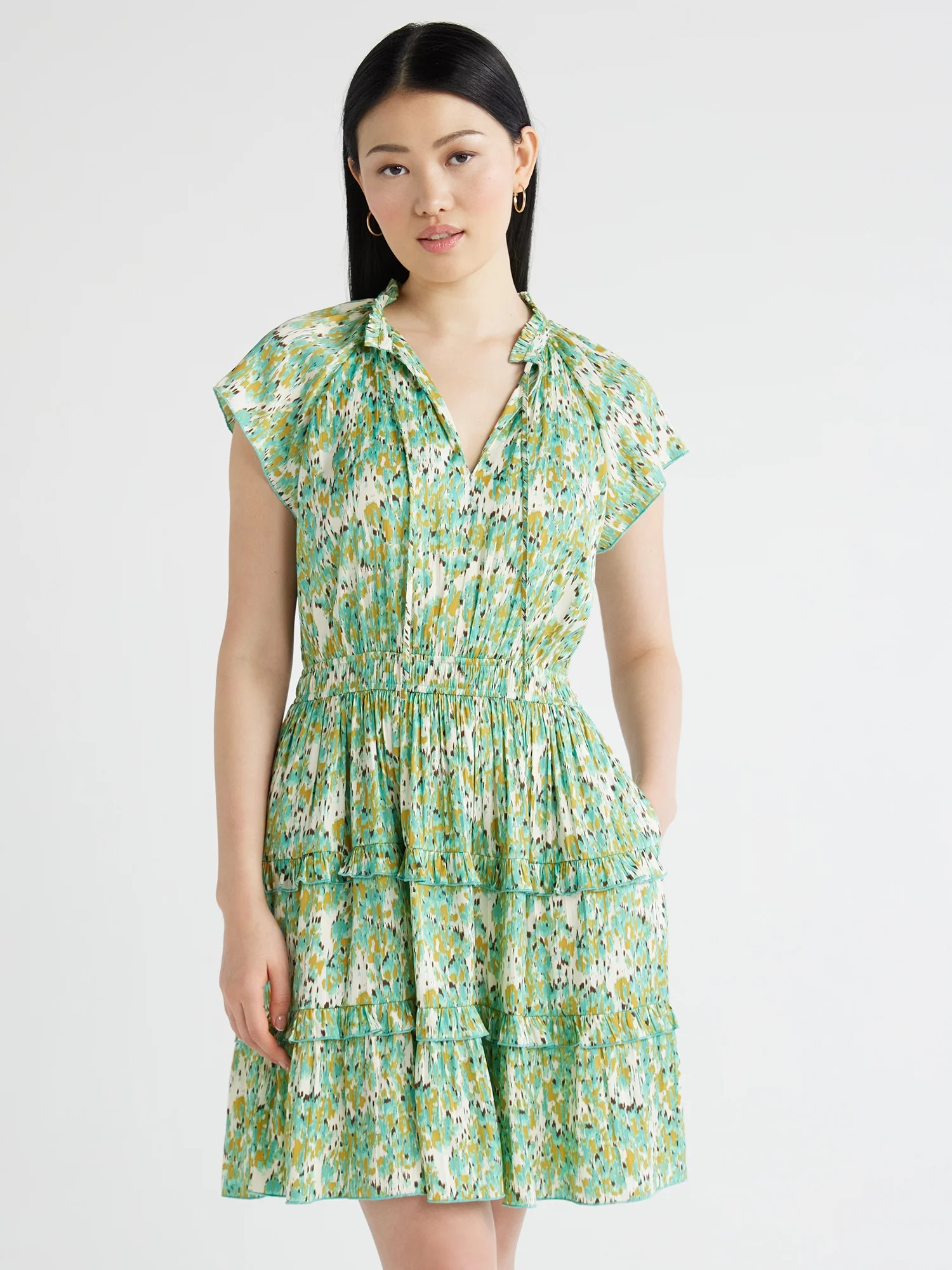 Scoop Women's Satin Mini Ruffle Dress with Cap Sleeves, Sizes XS-XXL | Walmart (US)