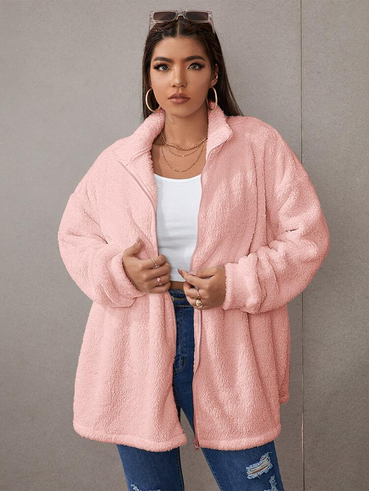 Plus Zip Up Drop Shoulder Teddy Coat | SHEIN
