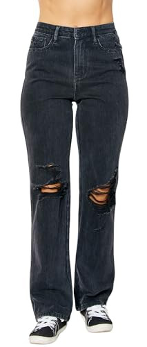 Judy Blue Women's High-Waist Rigid Magic 90's Destroyed Knee Straight-Leg Jeans (US, Numeric, 18, Plus, Regular, Black) | Amazon (US)