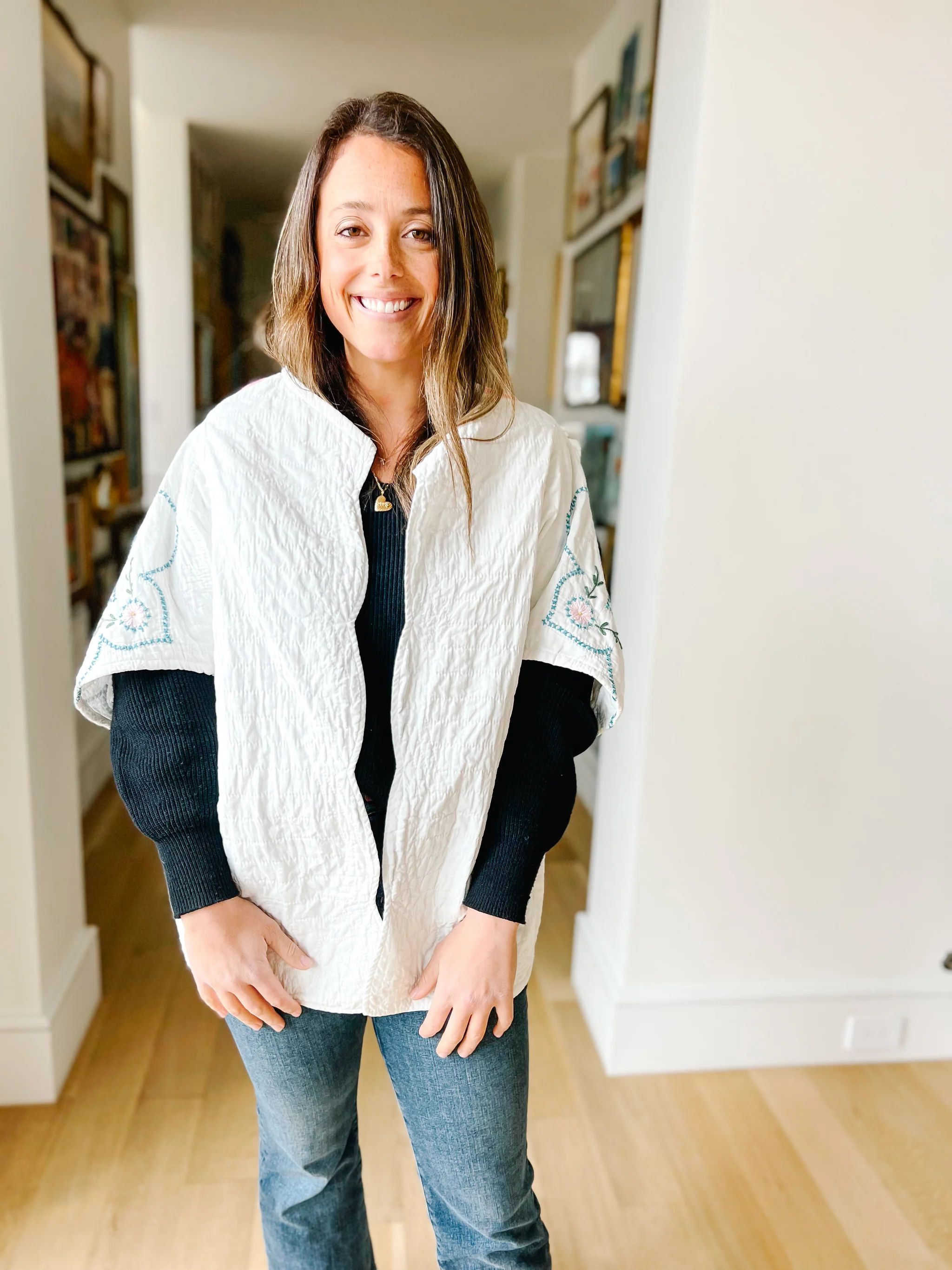 Cropped White with Pink/Blue Embroidery Cape | Brooke Wright Designs