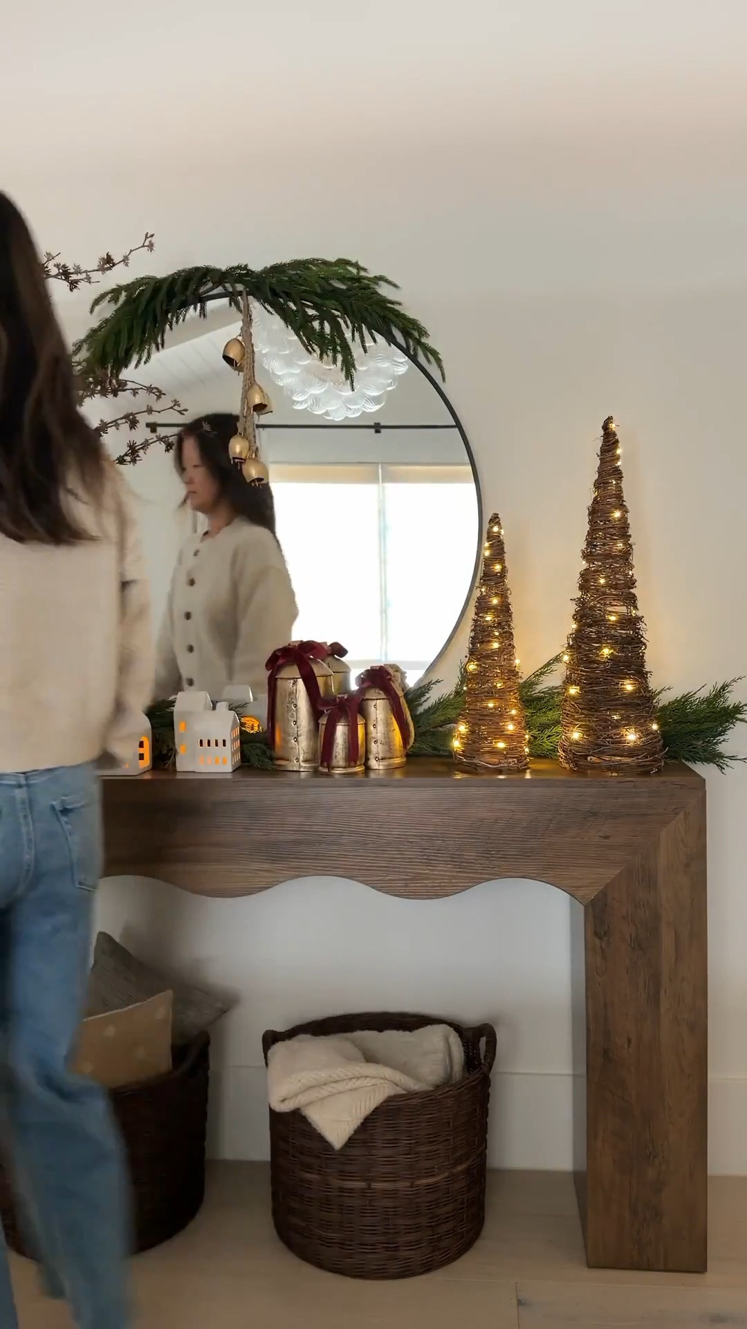 This console table! 😍😍 she is perrrttyyy!the wave scallop detail is so on trend and the wood tone is gorgeous! Also added these beautiful trees and sculptural vase. Love the modern take on a traditional tree and they add so much texture to the table. The vase is heavy and such a stunner. Love…love! I can always count on Wayfair for so many amazing finds!  #ad, #Wayfair, #WayfairPartner, @wayfair

Wood console Table bells, Christmas village, garland, bubble chandelier basket vase bells

#LTKSaleAlert #LTKHome #LTKFindsUnder100