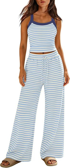 LAMISSCHE Womens Striped Lounge Set Spaghetti Strap Tank Top And Pants Sets | Amazon (US)