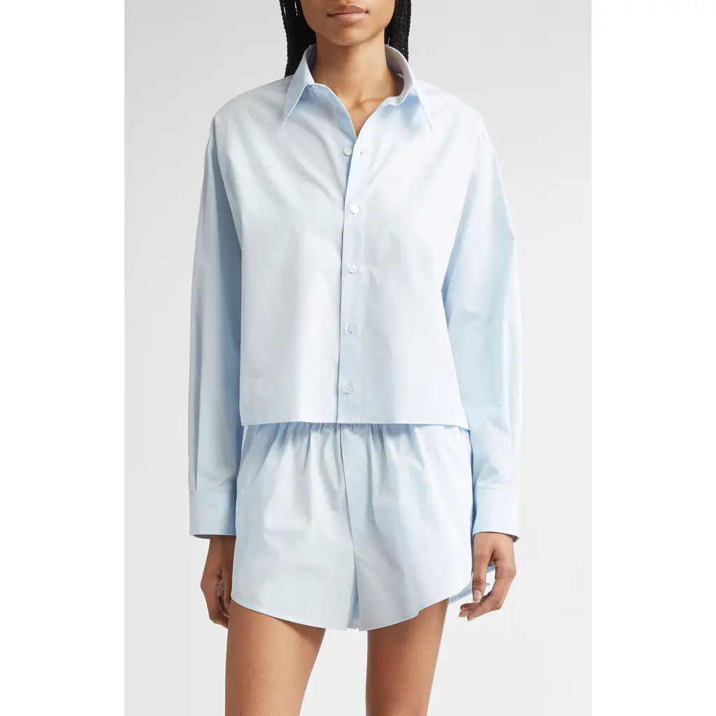 MM6 Maison Margiela Raw Edge Panel High-Low Cotton Poplin Button-Up Shirt in Light Blue at Nordstrom, Size 2 Us | Nordstrom