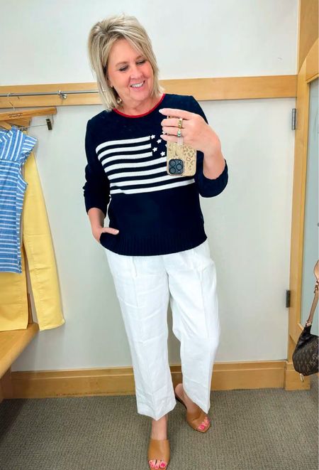 Shop the 40% off sale @ Talbots today! My flag sweater is a medium and my white linen pants are a size 8. 

#LTKworkwear #LTKstyletip #LTKsalealert