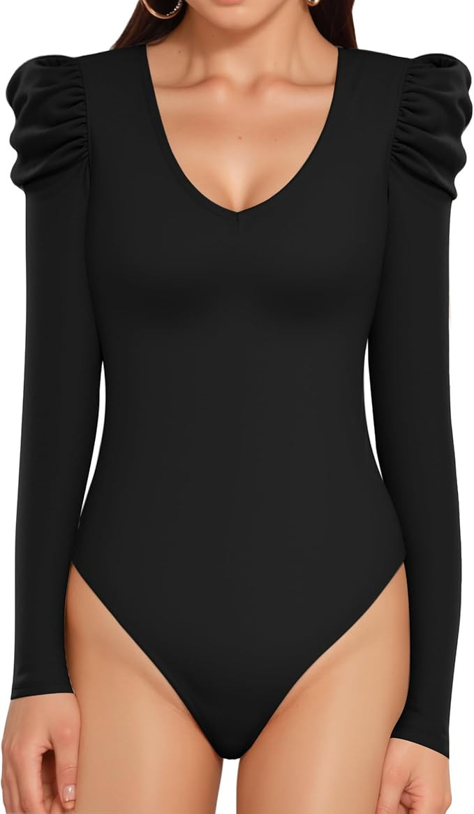 MANGOPOP Zip Up Bodysuit V Neck Collared Long Sleeve Body Suit Polo for Women Ribbed Deep Sexy Go... | Amazon (US)