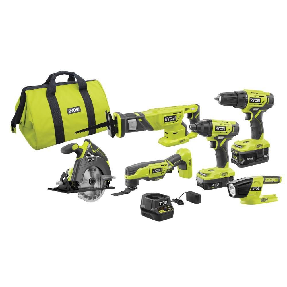 RYOBI 18-Volt ONE+ Lithium-Ion Cordless 6-Tool Combo Kit with (2) Batteries, Charger, and Bag-P18... | The Home Depot