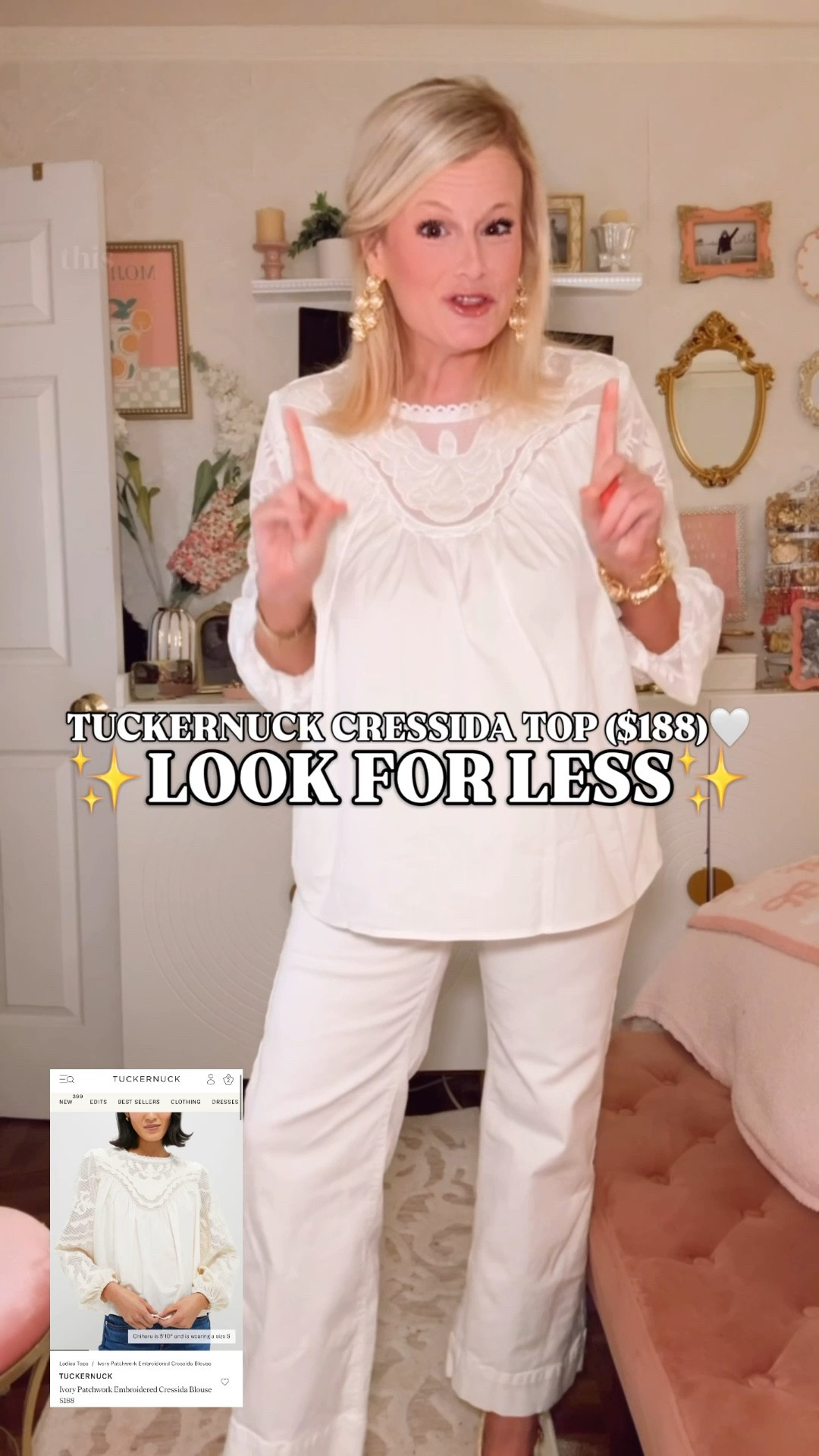 Tuckernuck Cressida dupe | Tuckernuck look for less | lace blouse women | puff sleeve blouse spring | embroidered blouse women | Amazon fashion finds | spring blouse women | Easter outfit women | spring outfits 2026

The Tuckernuck Cressida Blouse is $188. This one is on Amazon. This is not a drill.

Same lace and crochet embroidery across the yoke. Same puff sleeve with the elastic smocked cuff. Same delicate lace trim at the neckline. Same keyhole back closure. Same relaxed feminine silhouette. She did not miss one detail.

Ivory and black available. Both read polished. Both read expensive. Both have absolutely no business existing at this price point.

The garden party. Easter Sunday. The country club brunch where everyone asks where you got it. This is that blouse.

If you have been searching for Tuckernuck Cressida dupe, Tuckernuck blouse look for less, white lace blouse women, puff sleeve blouse spring, romantic spring blouse, Easter outfit women, date night outfit, work blouse women, vacation outfits beach, this is it.

The woman who has had the Cressida sitting in her cart and also loves being financially smart just found her blouse.

Tuckernuck look for less, Tuckernuck Cressida dupe, lace blouse women, white lace blouse, embroidered blouse women, puff sleeve blouse women, lace yoke blouse, cottagecore blouse, romantic blouse women, feminine blouse women, spring blouse women, preppy blouse women, preppy spring outfit, Easter outfit women, spring outfits 2026, spring outfits, date night outfit women, work outfit women, vacation outfits beach, garden party outfit, bridal shower outfit, spring wedding guest, Amazon fashion finds, affordable designer blouse, designer look for less

#LTKFindsUnder100 #LTKFindsUnder50
#Tuckernuck #LookForLess #WorkOutfit #WorkTop #FeminineStyle #SpringBlouse #AmazonFashion #PreppyStyle #EasterOutfit

#LTKOver40 #LTKWorkwear #LTKSeasonal