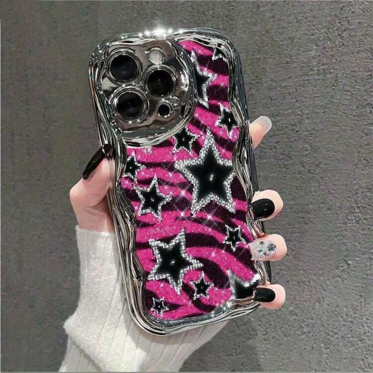 Pink Zebra Glitter Stars Background Element Design Glossy Cream Wave Plated Phone Case For IPhone16/15/ 14/13/12/11/Xs Max, Anti-Scratch Protective Cover With Wavy Design, Gift For Women Girls | SHEIN