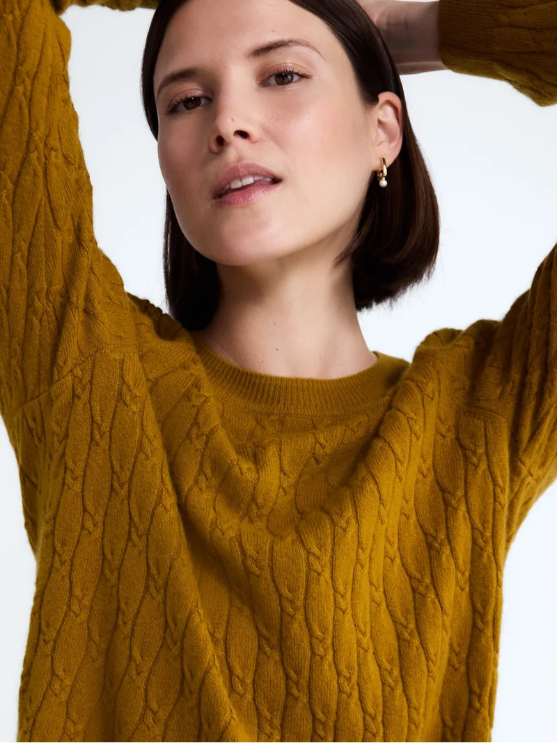 Free Assembly Women's Cashmere Cable Knit Sweater with Puff Sleeves, Midweight, Sizes XS-XXL | Walmart (US)