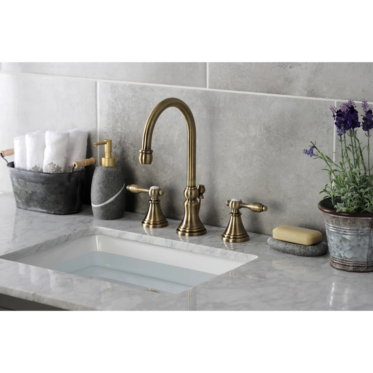 Kingston Brass Tudor Two-Handle 3-Hole Deck Mount Widespread Bathroom Faucet with Brass Pop-Up Dr... | Wayfair North America