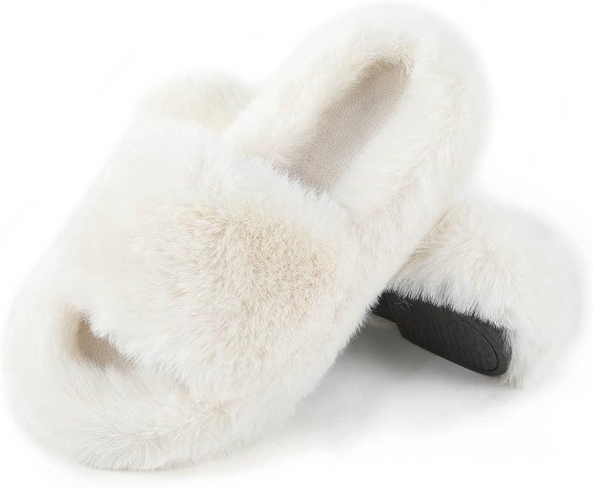 Women's Furry Slides Faux Fur Slides Fuzzy Slippers Fluffy Sandals Platform Outdoor Indoor | Amazon (US)