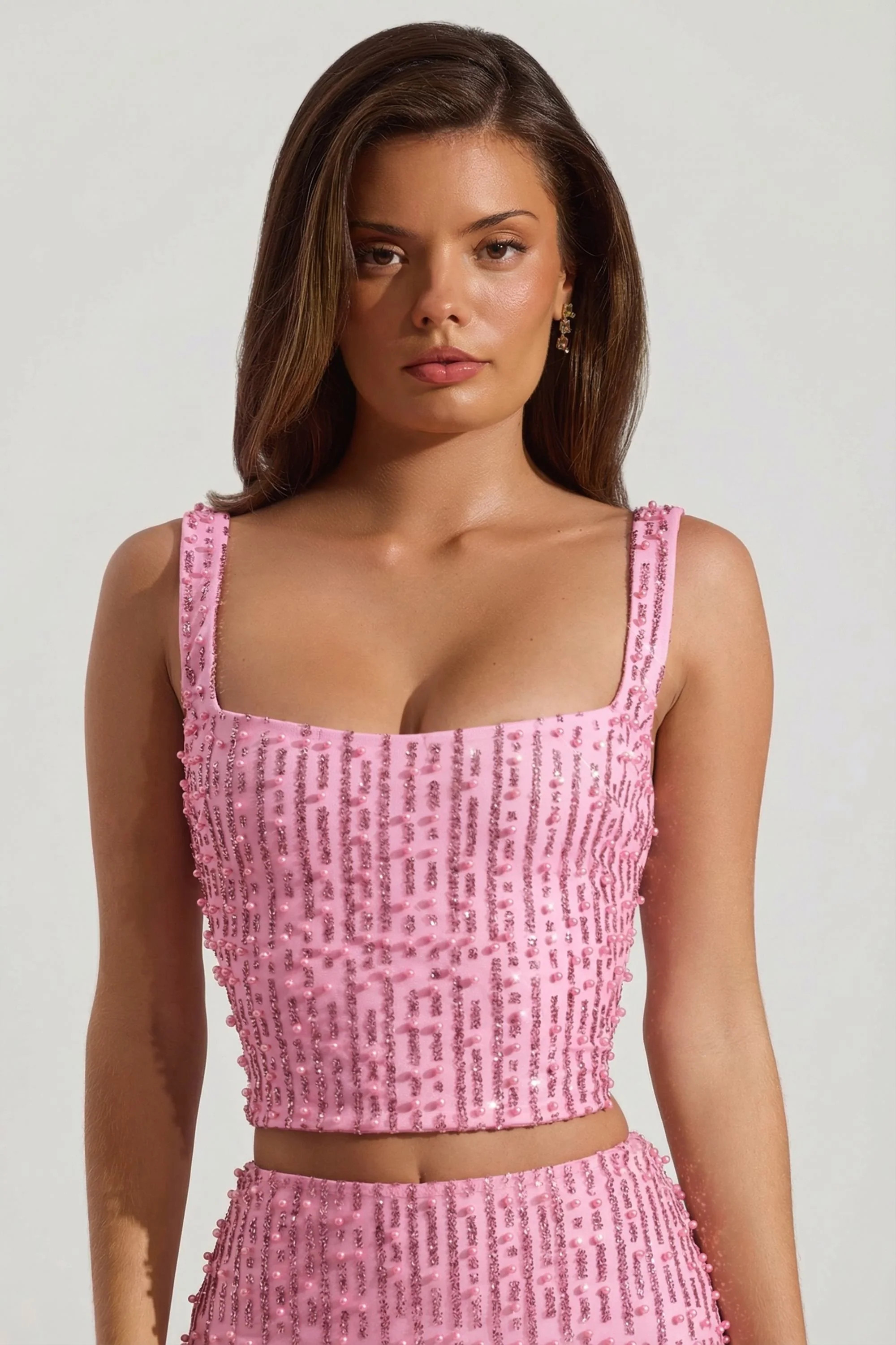 Embellished Square-Neck Crop Top in Pink | Oh Polly