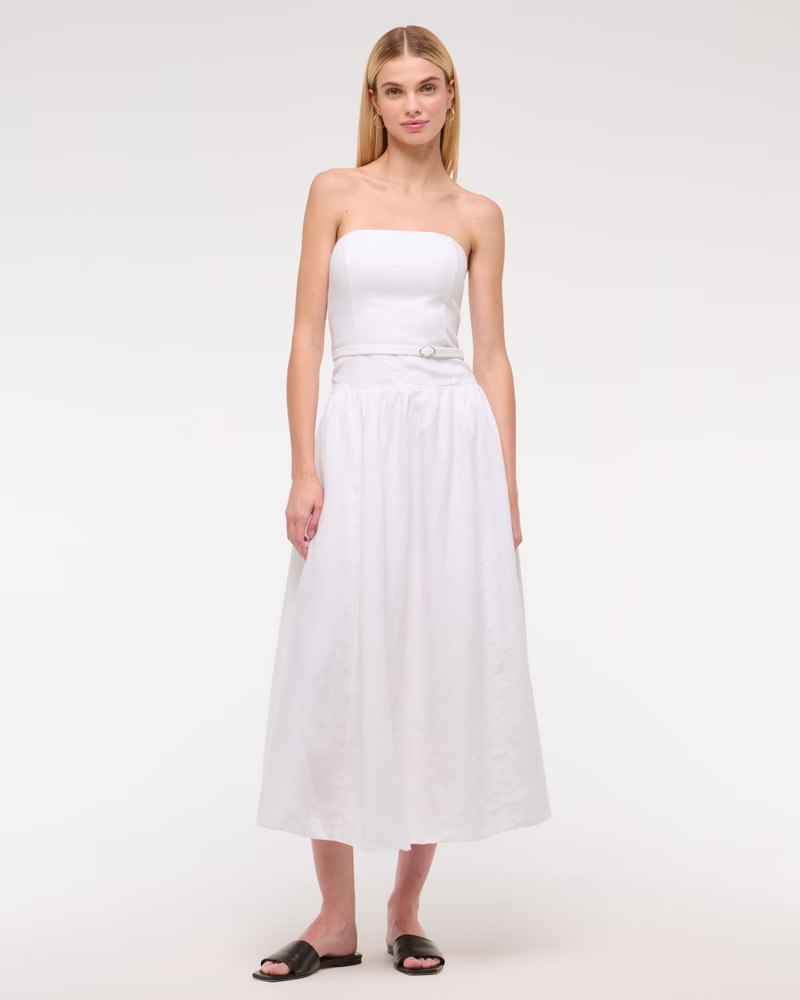 Premium Linen Drop-Waist Belted Midi Dress | Abercrombie & Fitch (US)