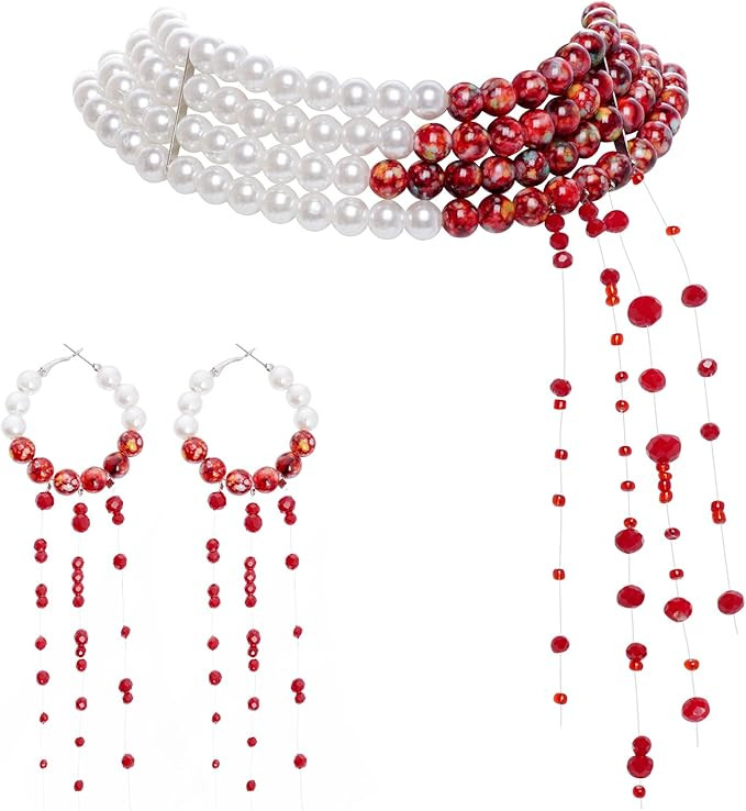 2Pcs Dripping Blood Choker and Earrings Halloween Dripping Bloody Imitation Pearls Necklace Blood... | Amazon (US)