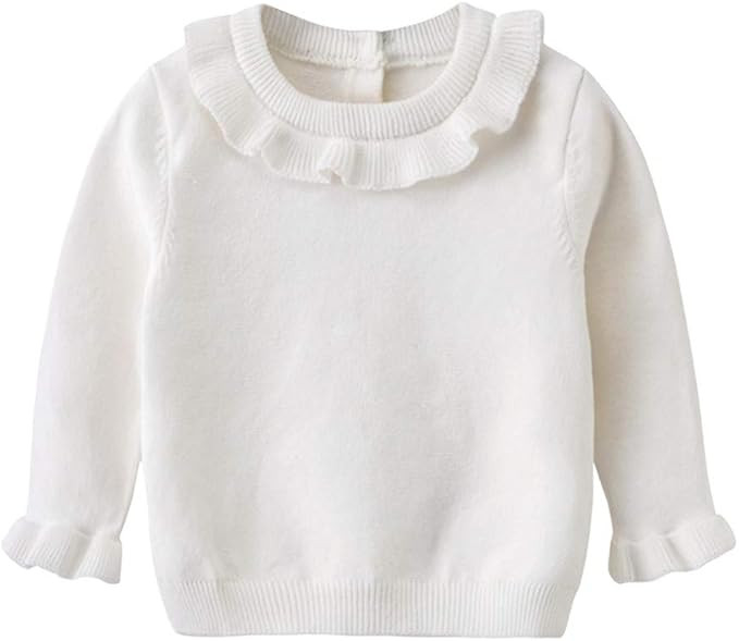 White Pullover Sweater for Girls Baby Toddler Knit Ruffle Neck Crewneck Sweater Sweatshirt Winter... | Amazon (US)