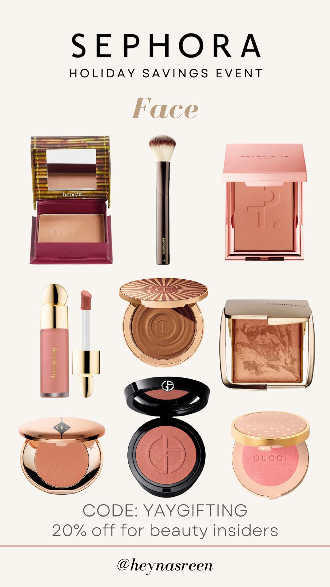 Charlotte Tilbury bronzer (shade: 2 medium), Hourglass powder brush, Patrick Ta (she’s sincere), Benefit hoola bronzer, Armani blush, Hourglass ambient lighting bronzer (luminous bronze light), Charlotte Tilbury color corrector (medium), Gucci blush (05 rosy beige), Rare Beauty blush (hope)

#LTKsalealert #LTKbeauty