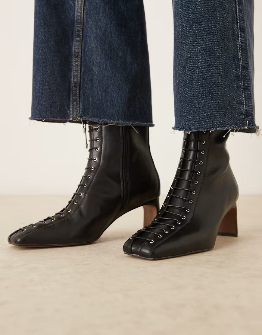 ASOS DESIGN Rue lace up heeled ankle boots in black | ASOS (Global)