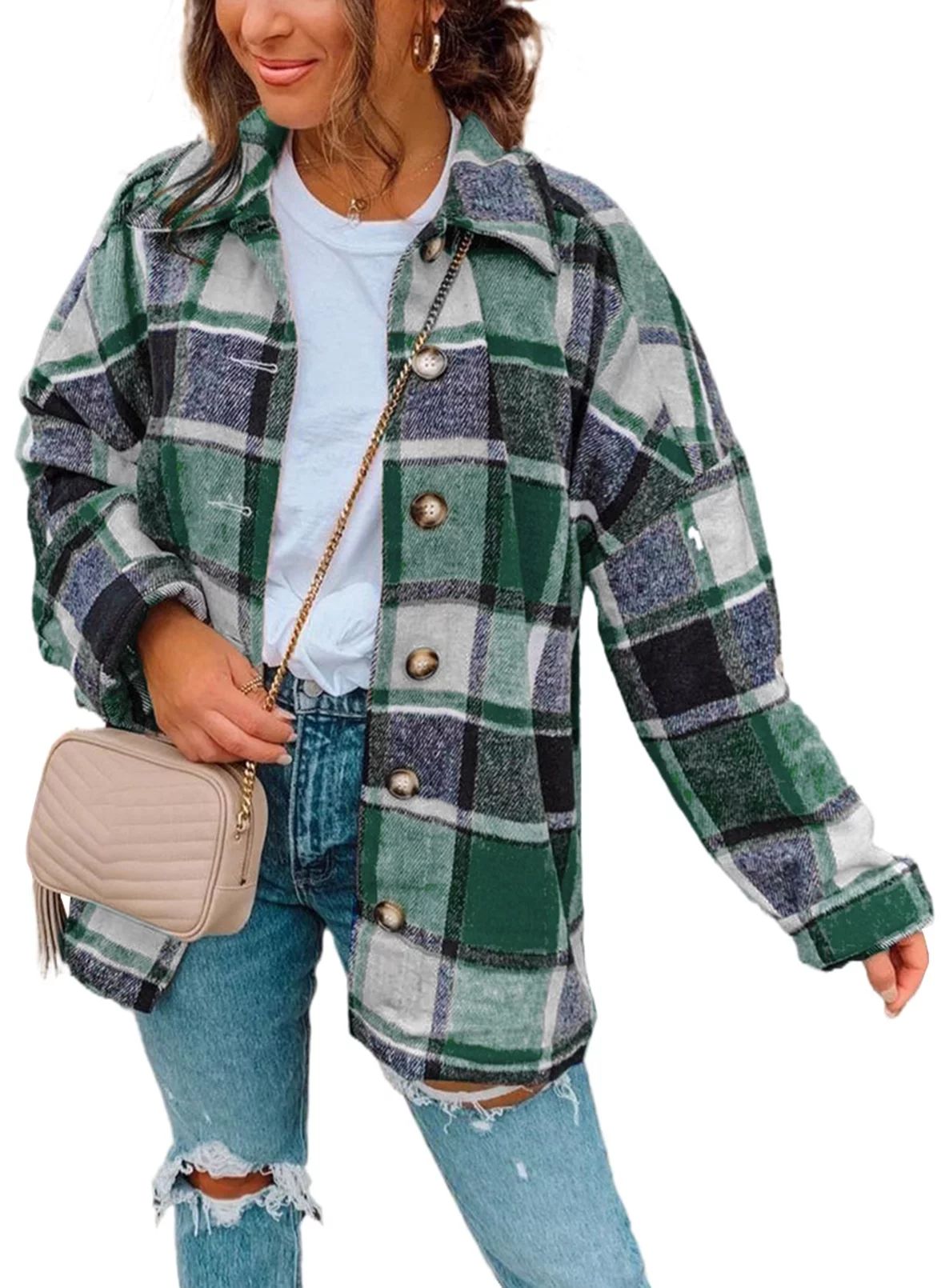 Eytino Womens Long Sleeve Plaid Shirts Lapel Button Down Shacket Jacket Coats - Walmart.com | Walmart (US)