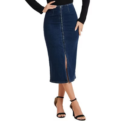 INSPIRE CHIC Women's High Rise Front Slit Zipper Denim Skirts Dark Blue Medium | Target
