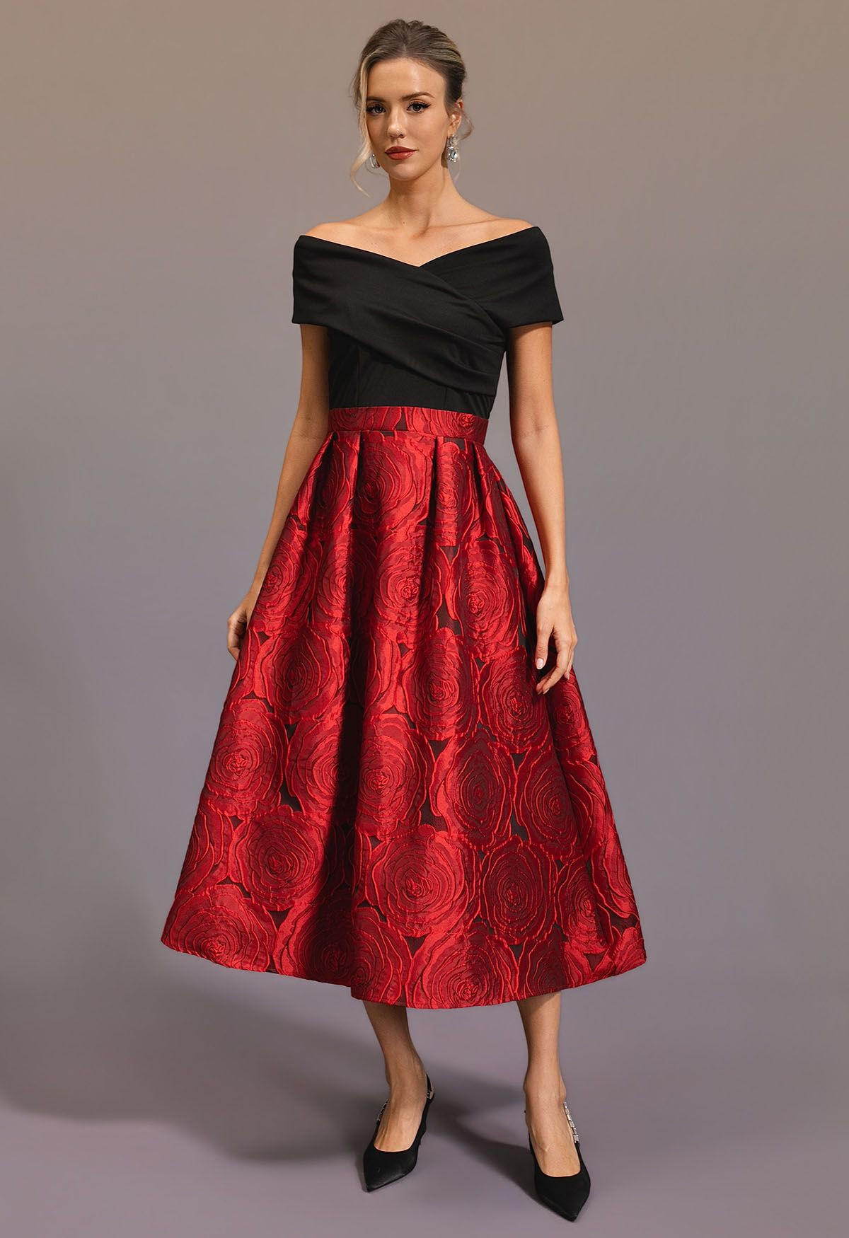 Cross Off-Shoulder Rose Embossed Jacquard Dress in Red | Chicwish