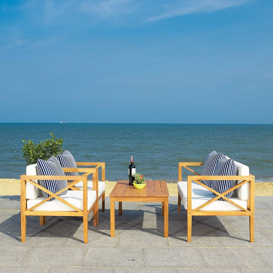 Safavieh Outdoor Nunzio Natural and Beige 4-Piece Patio Set (Pillows Included) | Amazon (US)