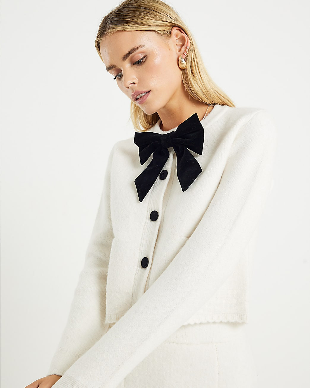 Petite Cream Bow Front Cardigan | River Island UK & IE