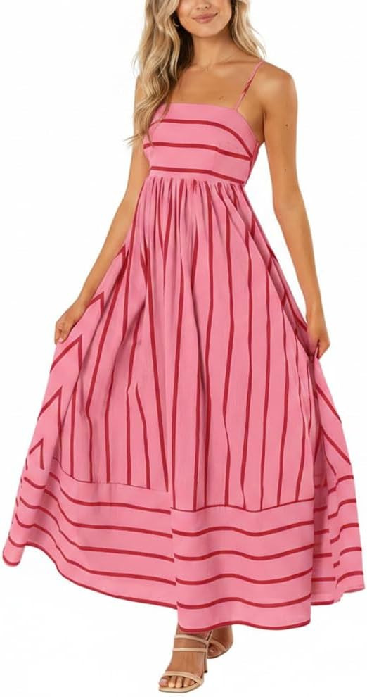 chouyatou Women's Striped Back Smocked Maxi Dress Sexy Spaghetti Strap Cut Out Flowy Swing Long D... | Amazon (US)